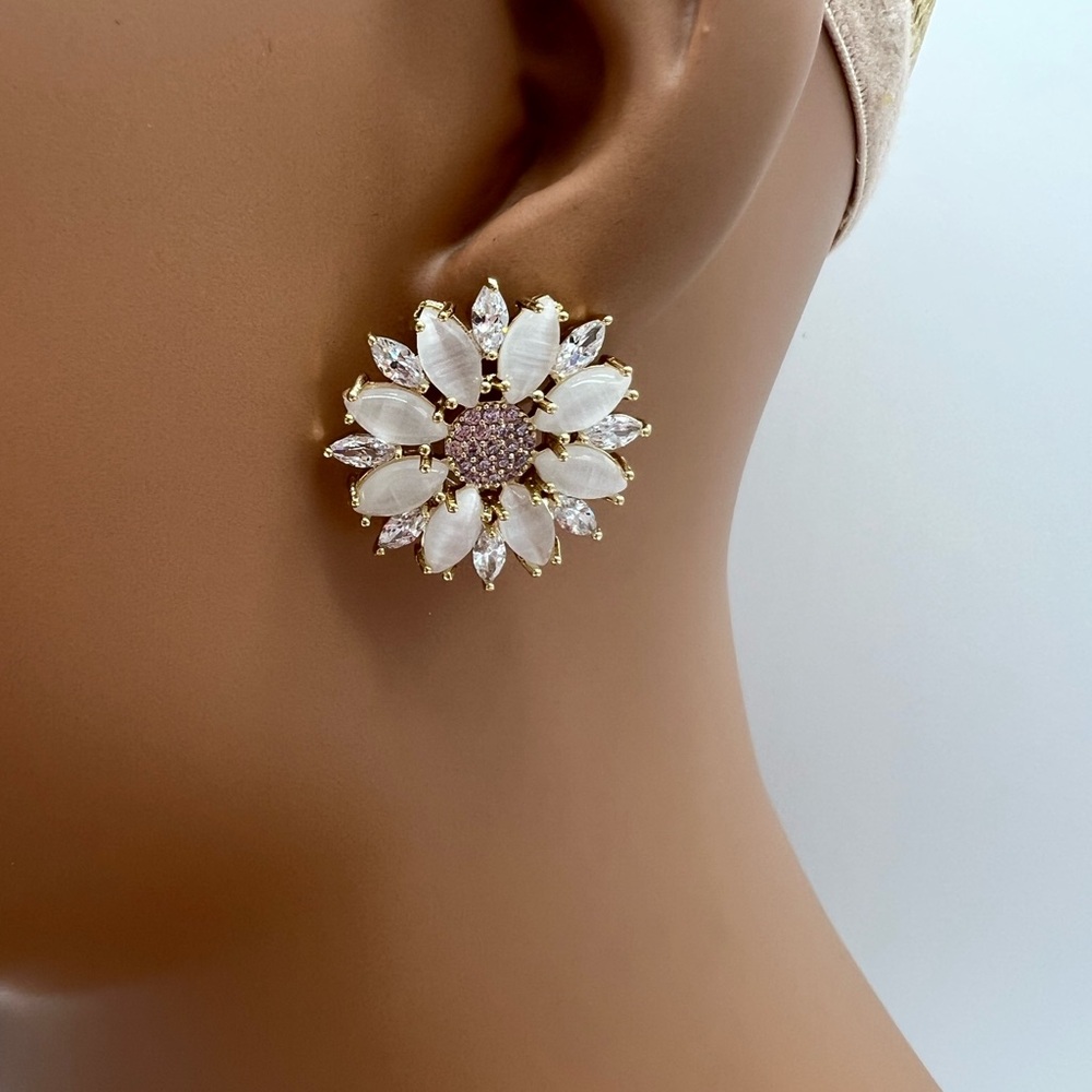 FLORAL CZ GOLD ROUND EARRINGS - Picture 6 of 6